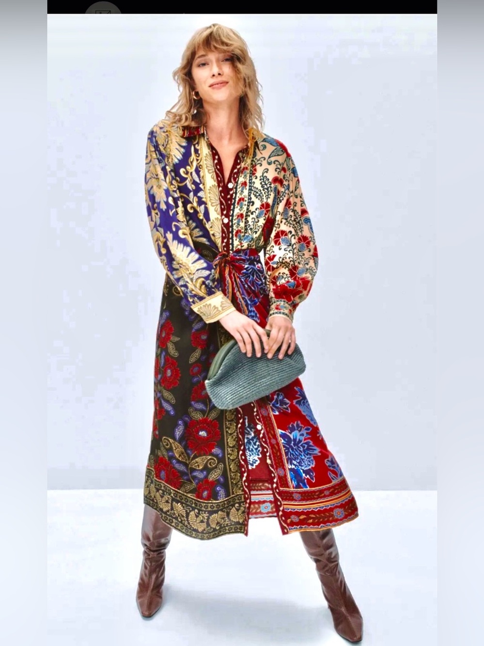 FARM RIO  Fall/Winter Mix Midi Shirt Dress. Front Buttons, Long Sleeve (M) - Picture 3 of 16